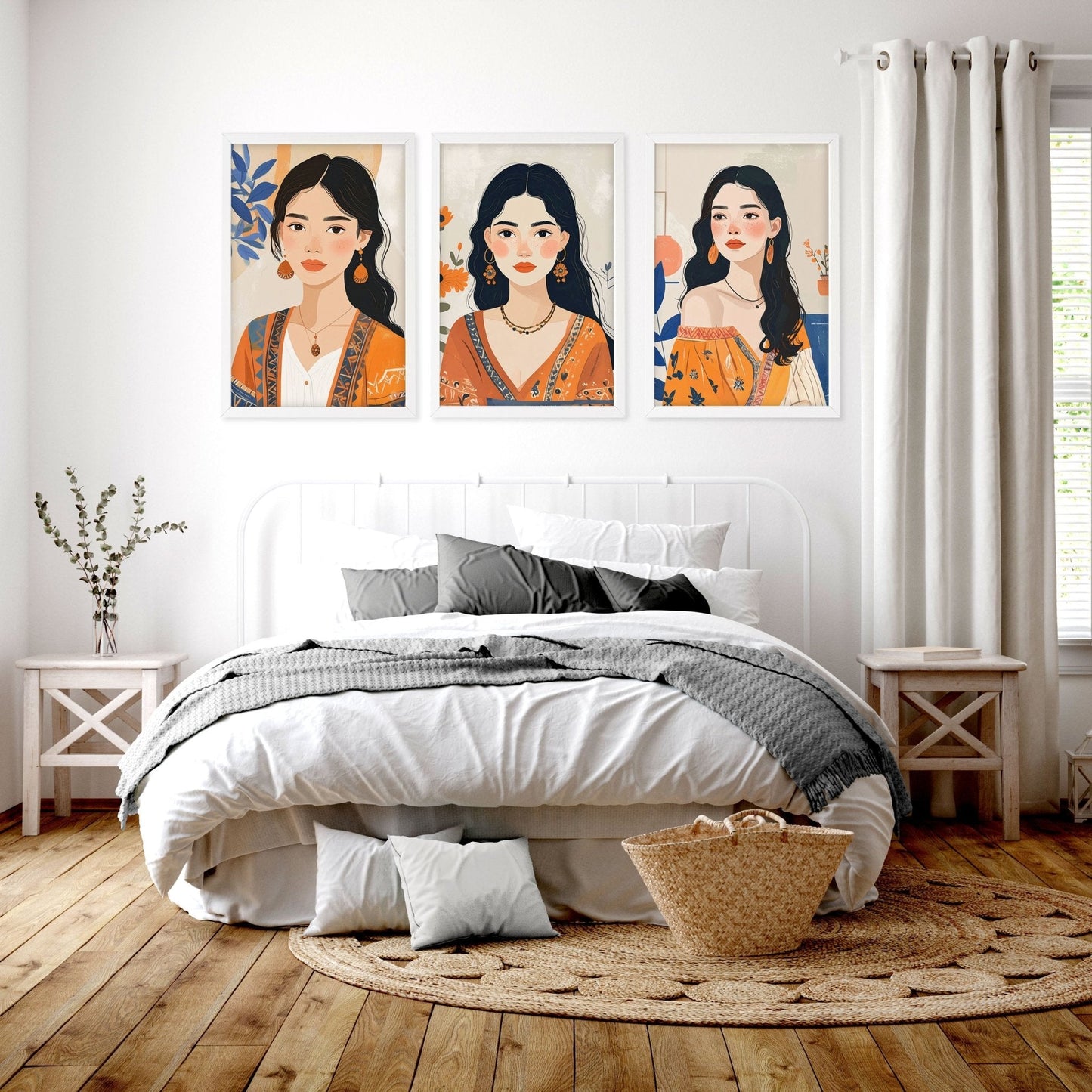 Canvas Bedroom Art | Set of 3 Boho Women Wall art Prints