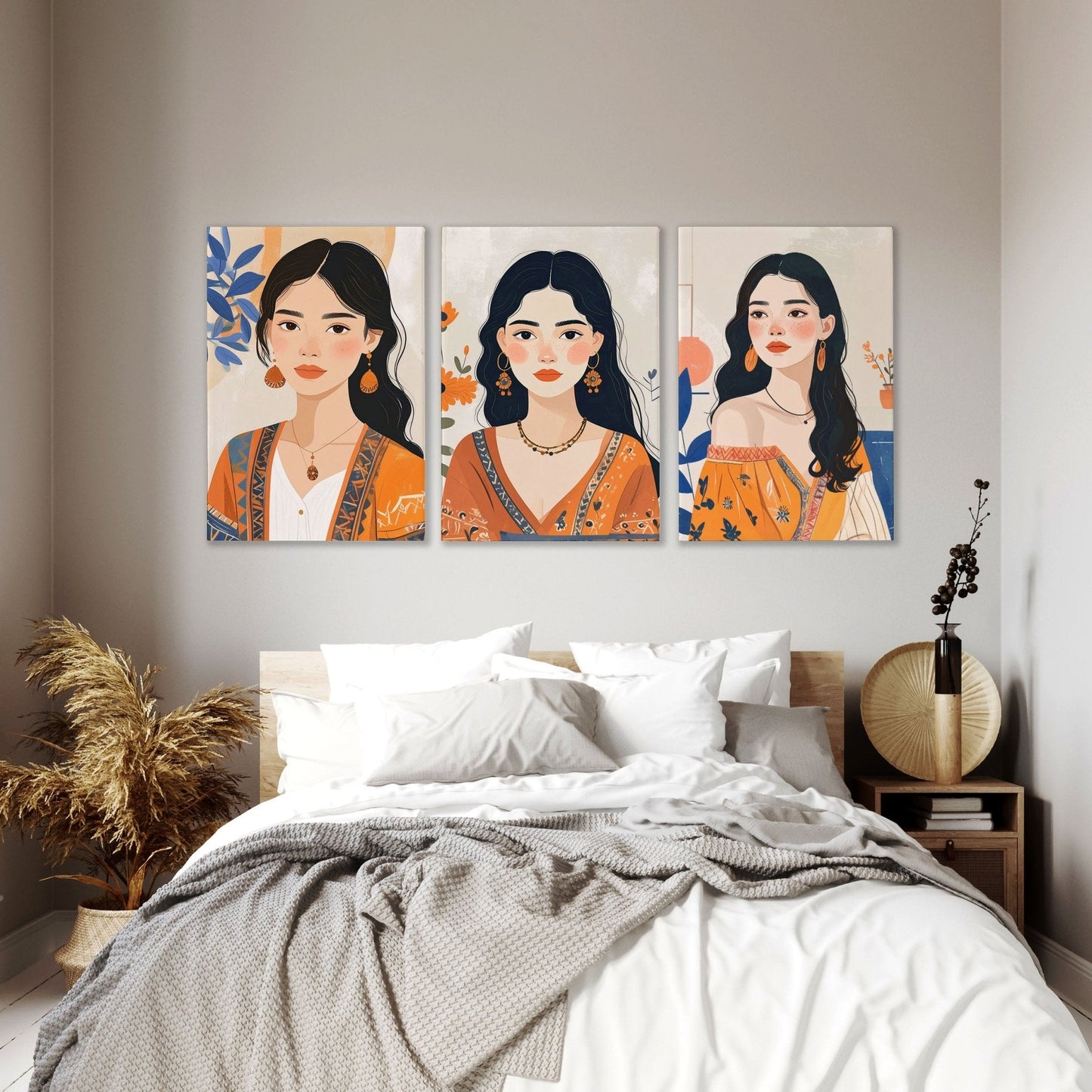 Canvas Bedroom Art | Set of 3 Boho Women Wall art Prints