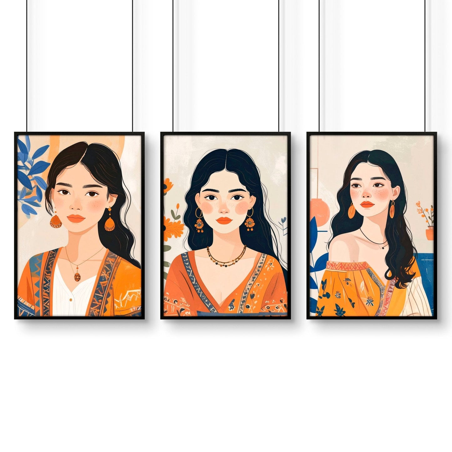 Canvas Bedroom Art | Set of 3 Boho Women Wall art Prints