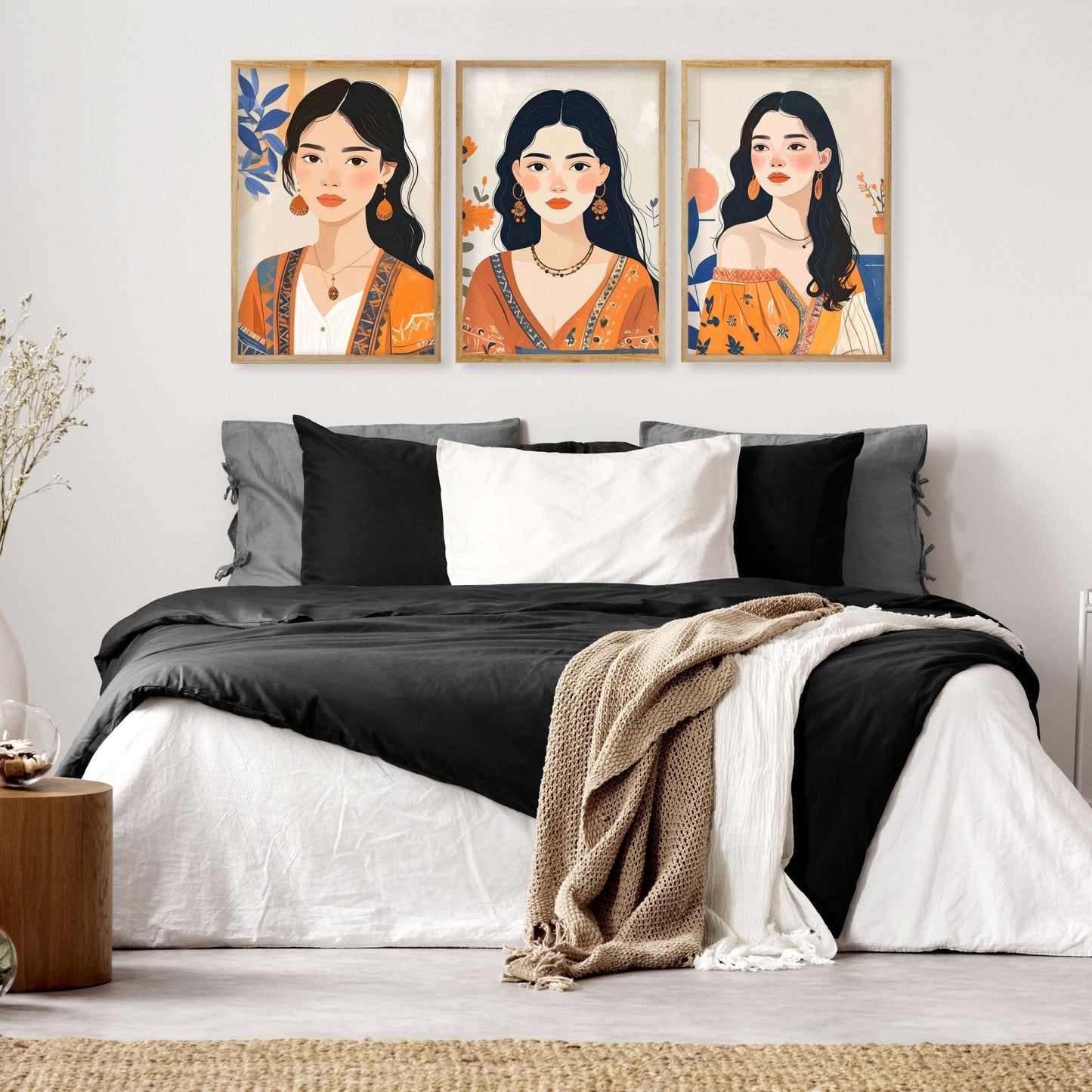 Canvas Bedroom Art | Set of 3 Boho Women Wall art Prints