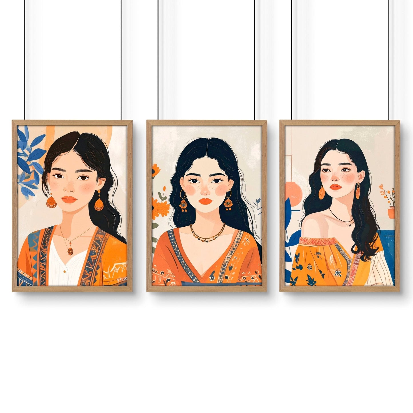 Canvas Bedroom Art | Set of 3 Boho Women Wall art Prints