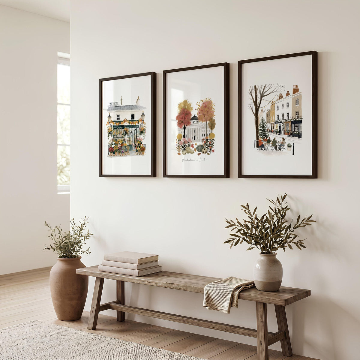 Canvas for Hallway London Travel Wall Art Prints | "Wintertime in London" Covent Garden Set of 3