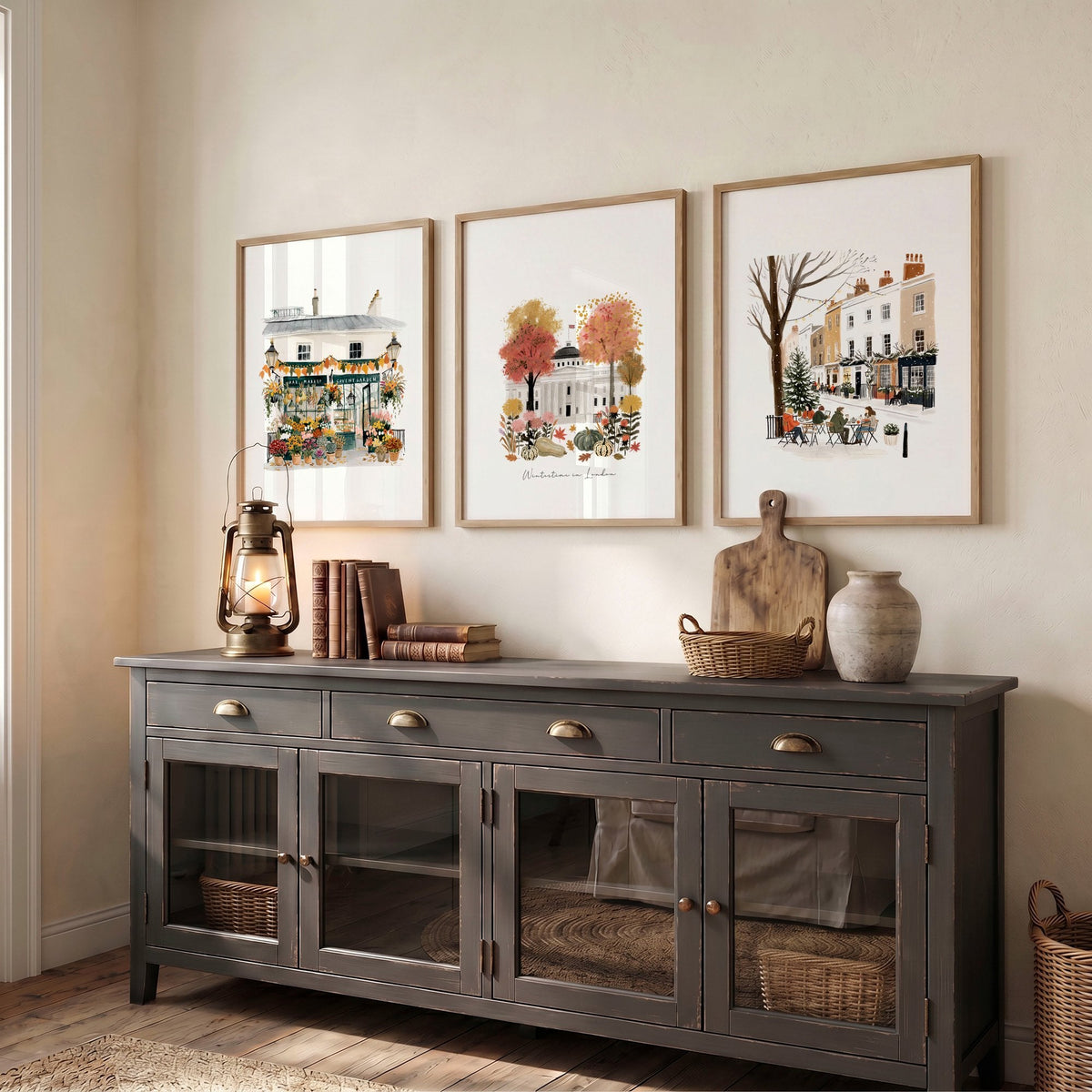 Canvas for Hallway London Travel Wall Art Prints | "Wintertime in London" Covent Garden Set of 3
