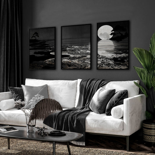 Canvas Pictures for Living Room Japandi Moon Landscape Black & White | Set of 3