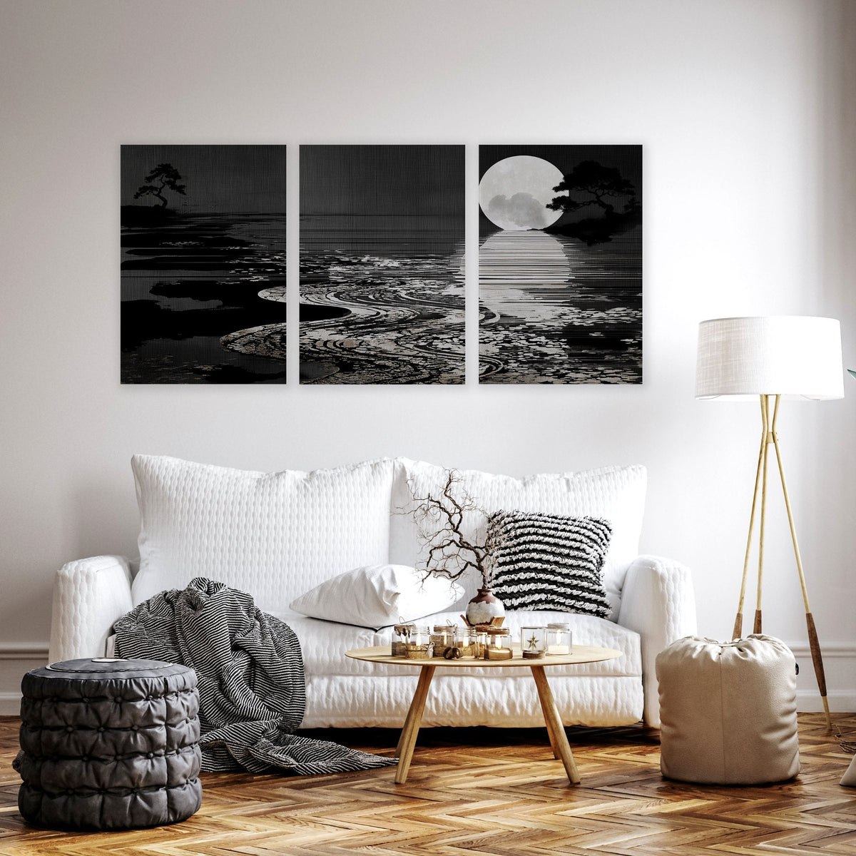 Canvas Pictures for Living Room Japandi Moon Landscape Black & White | Set of 3