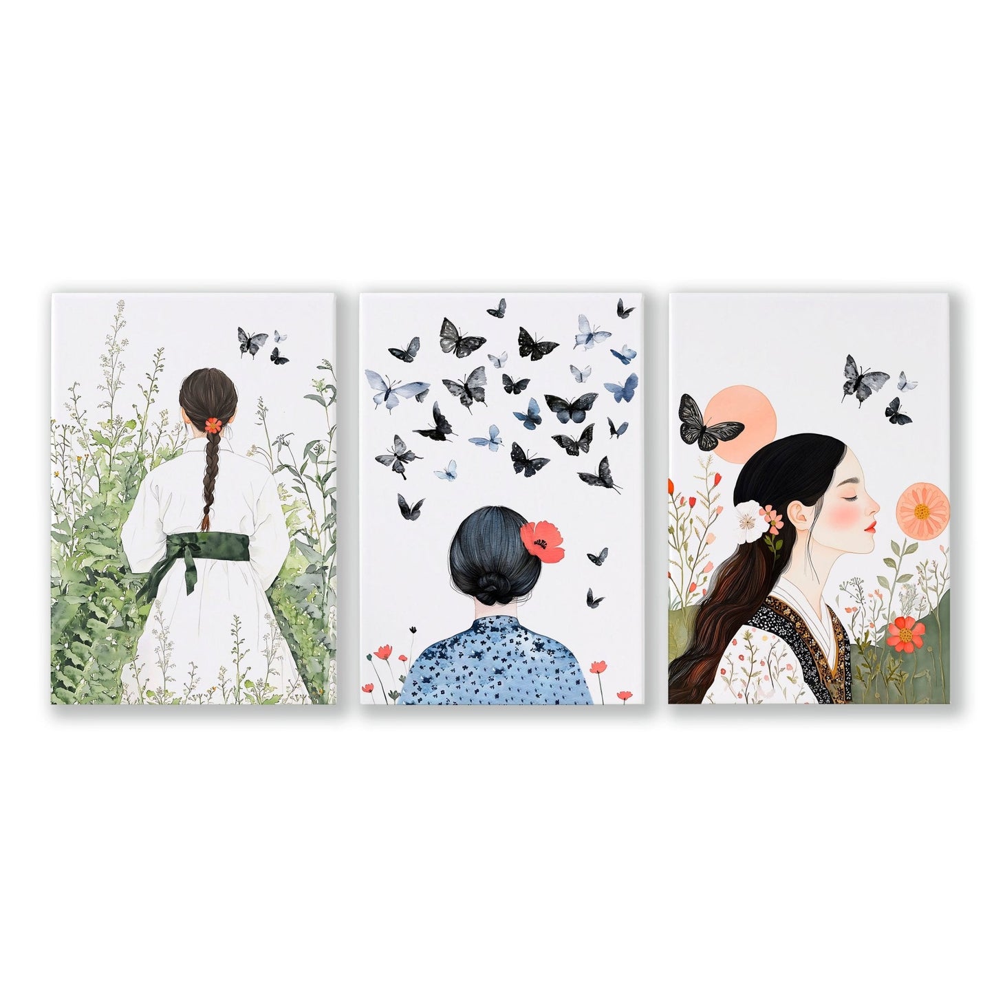 Canvas Pictures For Living Room | Set of 3 Boho Women Wall art Prints