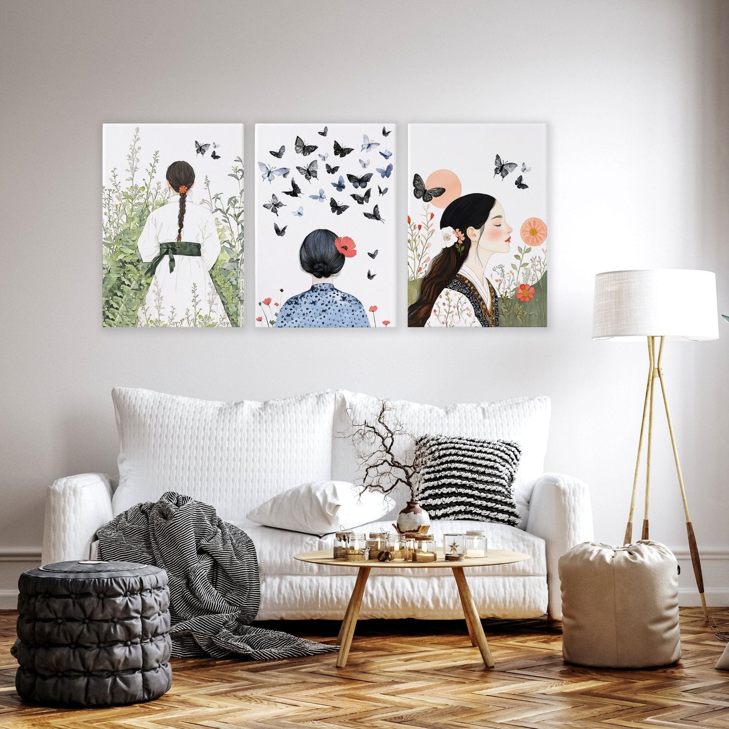 Canvas Pictures For Living Room | Set of 3 Boho Women Wall art Prints