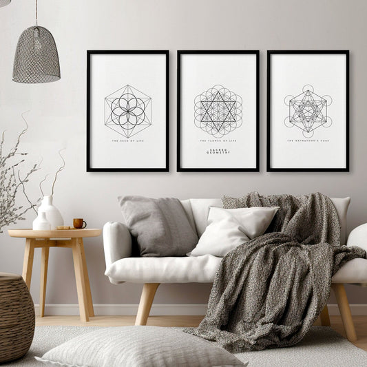 Canvas Pictures For Living Room | Set of 3 Sacred Geometry Wall art Prints