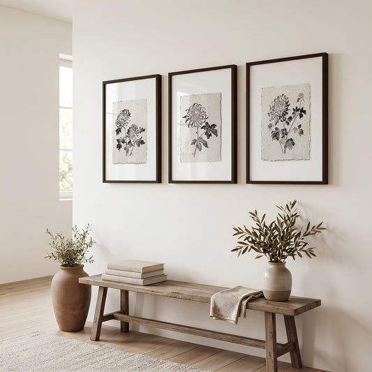 Canvas Wall Art Beige Botanical Chrysanthemum Ink Study | Set of 3