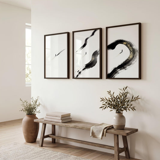 Canvas Zen Wall Art | Black Ink Brushstroke & Lone Figure Japanese Minimalist Art Prints | Set of 3