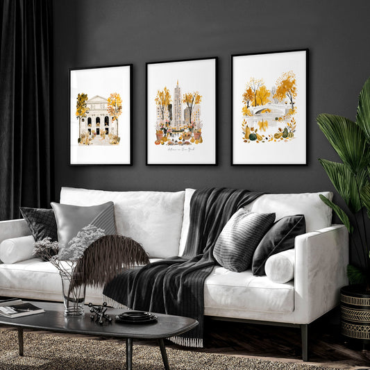 Canvases for Living Room "Autumn in New York" NYC Travel Wall Art Prints | Set of 3