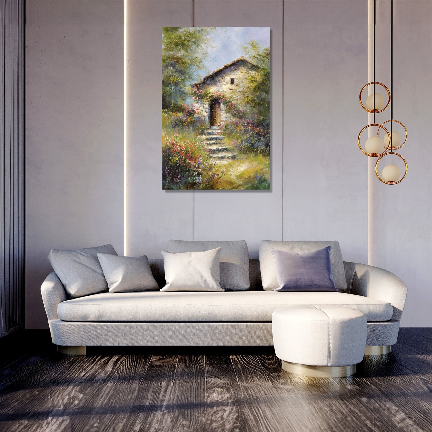 Stone Cottage on Hill Canvas