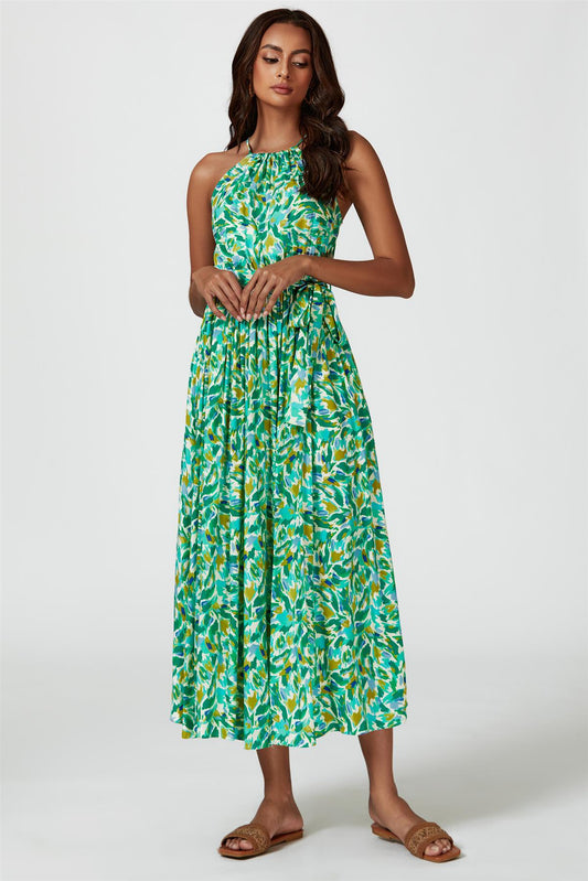 Abstract Print Tie Halterneck Maxi Dress In Green