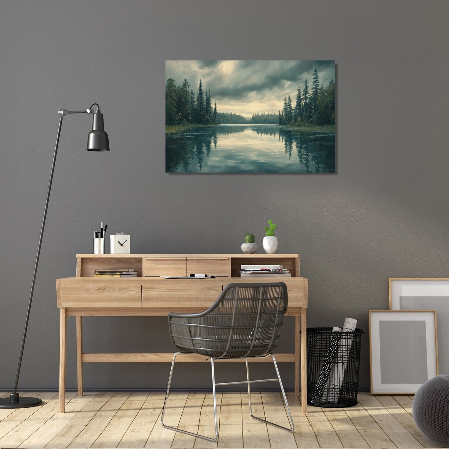 Reflective Pines under Grey Canvas