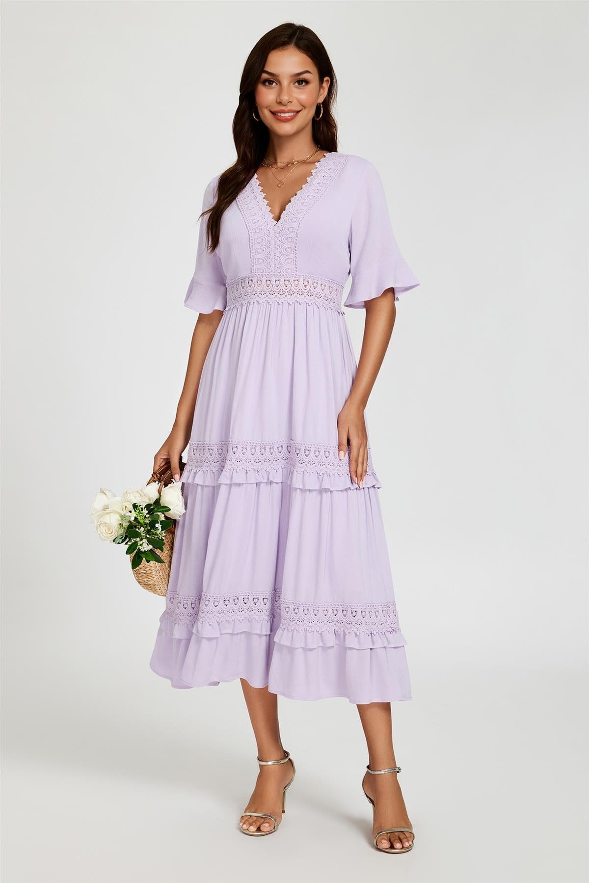 V Neck Lace Detail Midi Dress In Purple