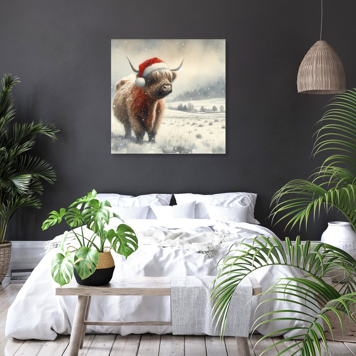 Highland Christmas Cow Watercolour Canvas