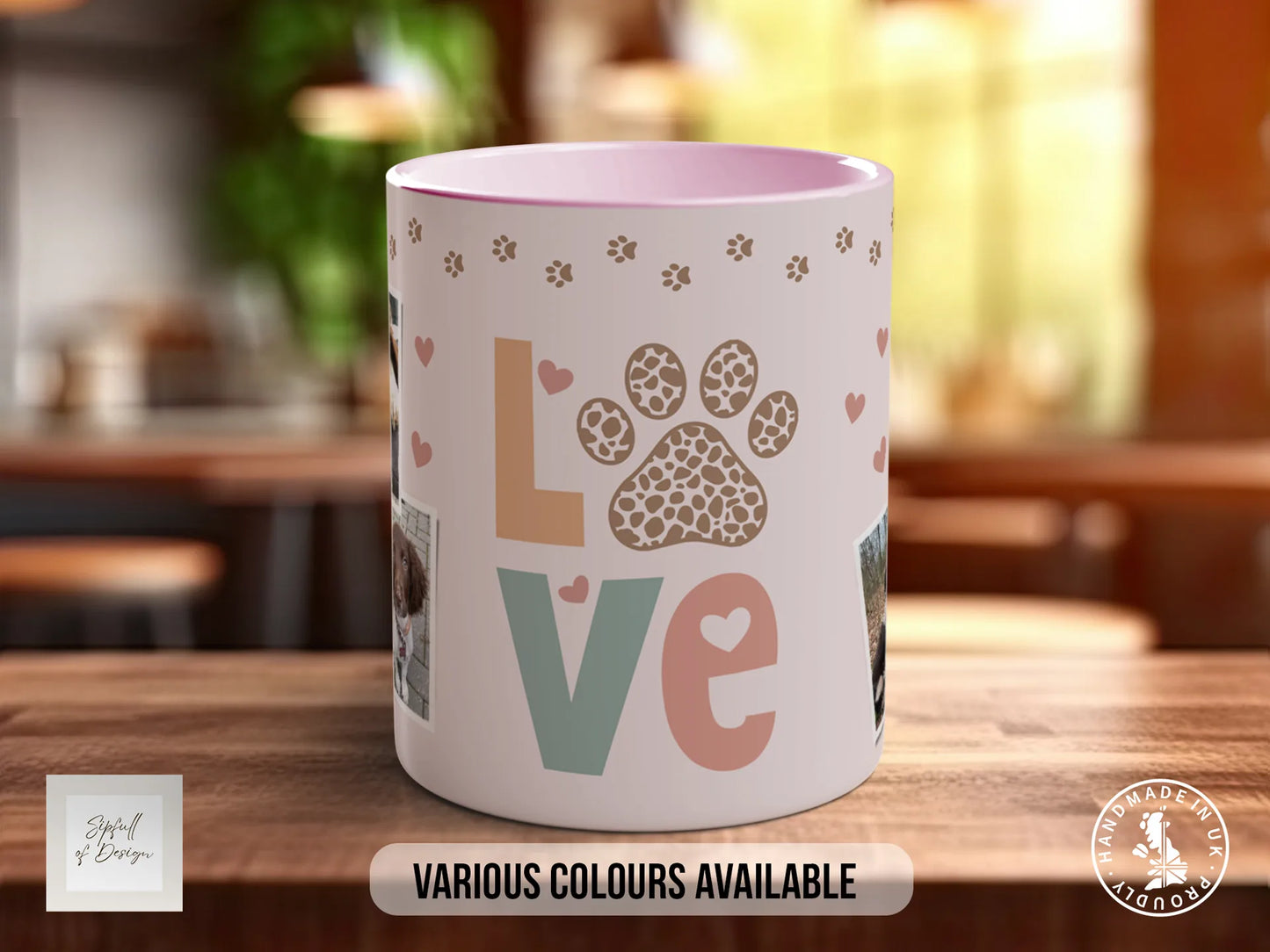 Personalised Dog Mug -  Pink Love Paws Photo Grid  - Multiple Mug Colours