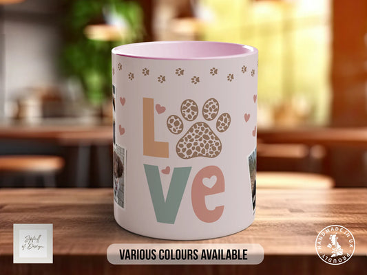 Personalised Dog Mug -  Pink Love Paws Photo Grid  - Multiple Mug Colours