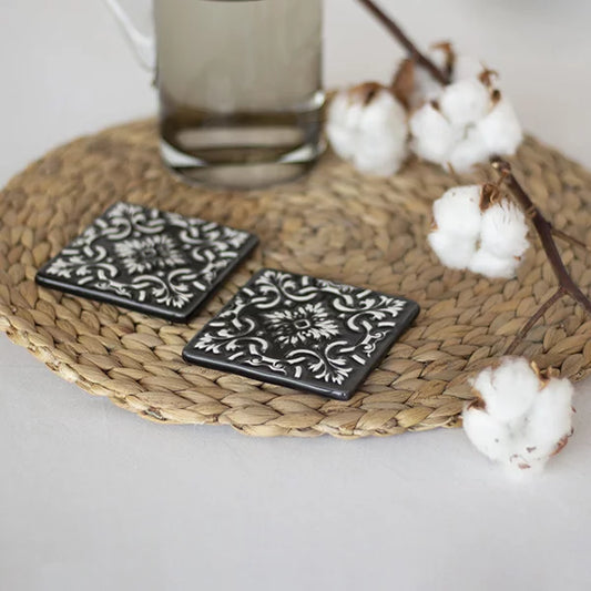 Set of 2 Ceramic Coasters Azulejo | Black
