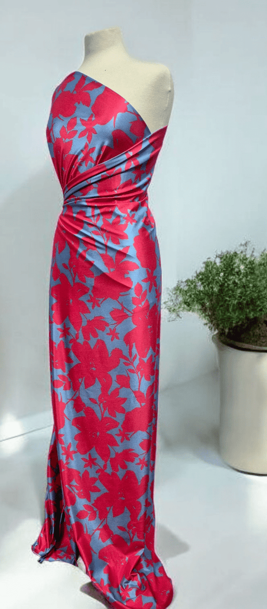 Cerise Blue Floral Print Soft Touch Stretch Fabric