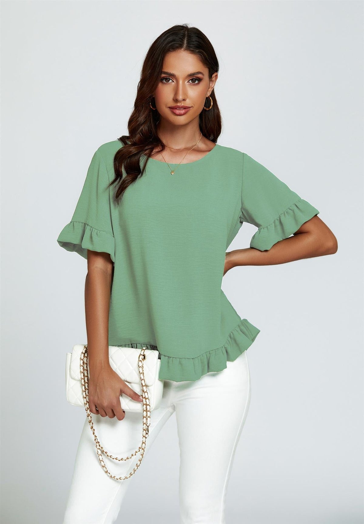 Frill Detail Short Sleeves Top In Light Green
