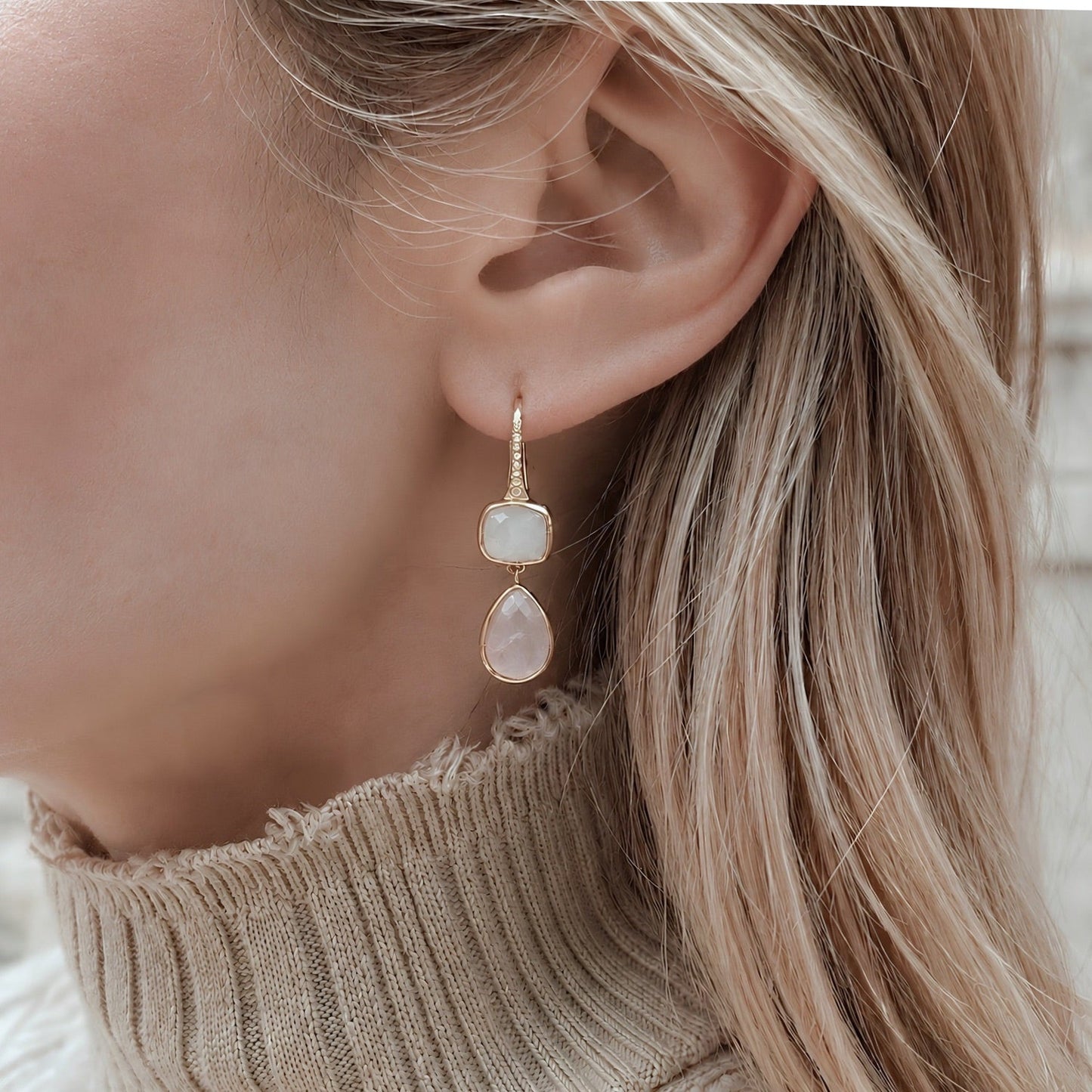 Charis Double Gemstone Earrings Moonstone & Rose Quartz