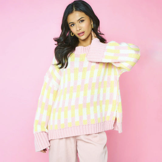 Charlotte Geometric Pattern Wide Sleeve Knit Jumper - Pink