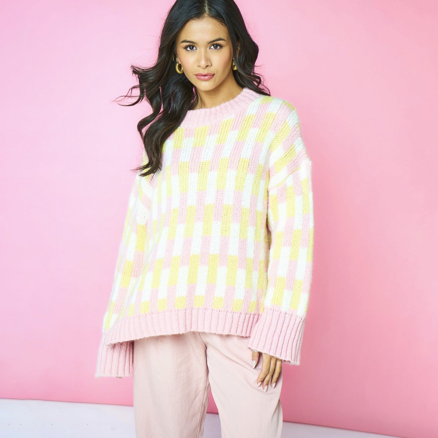 Charlotte Geometric Pattern Wide Sleeve Knit Jumper - Pink