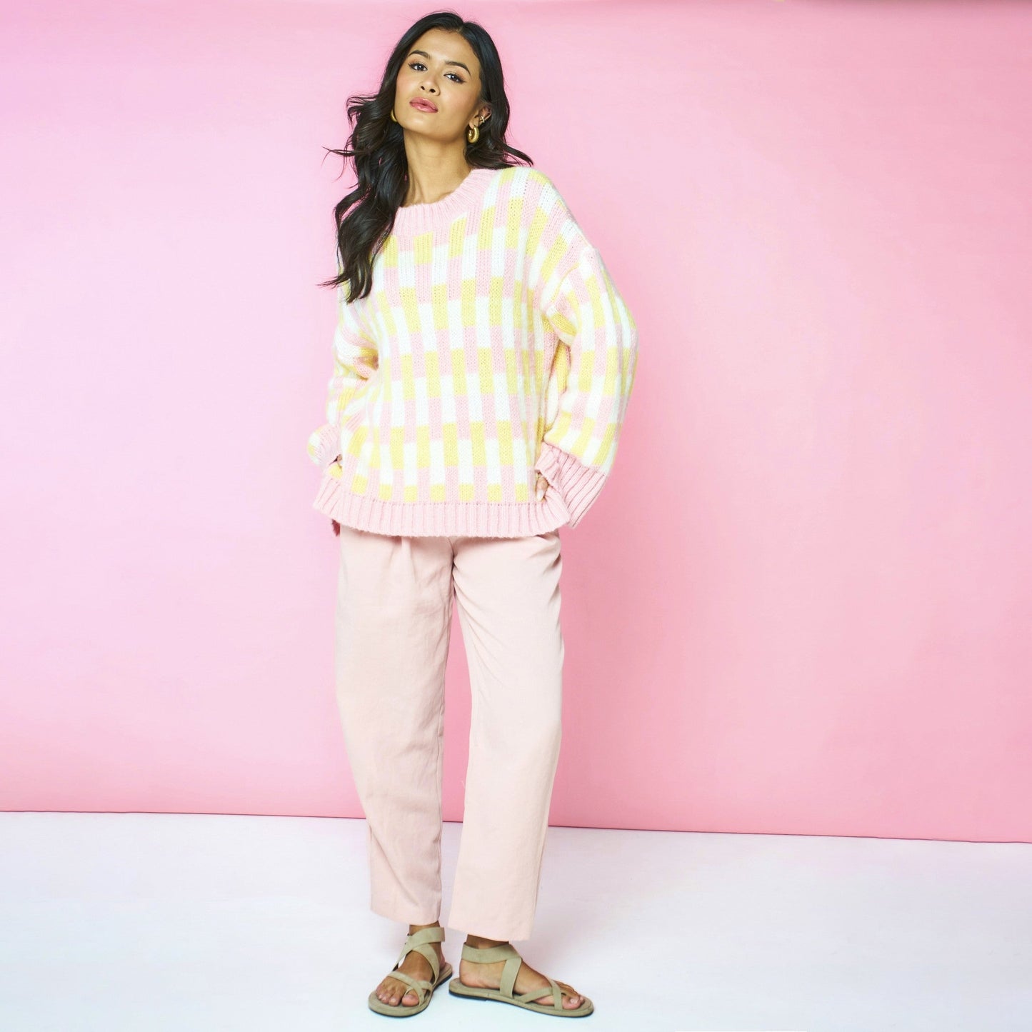 Charlotte Geometric Pattern Wide Sleeve Knit Jumper - Pink