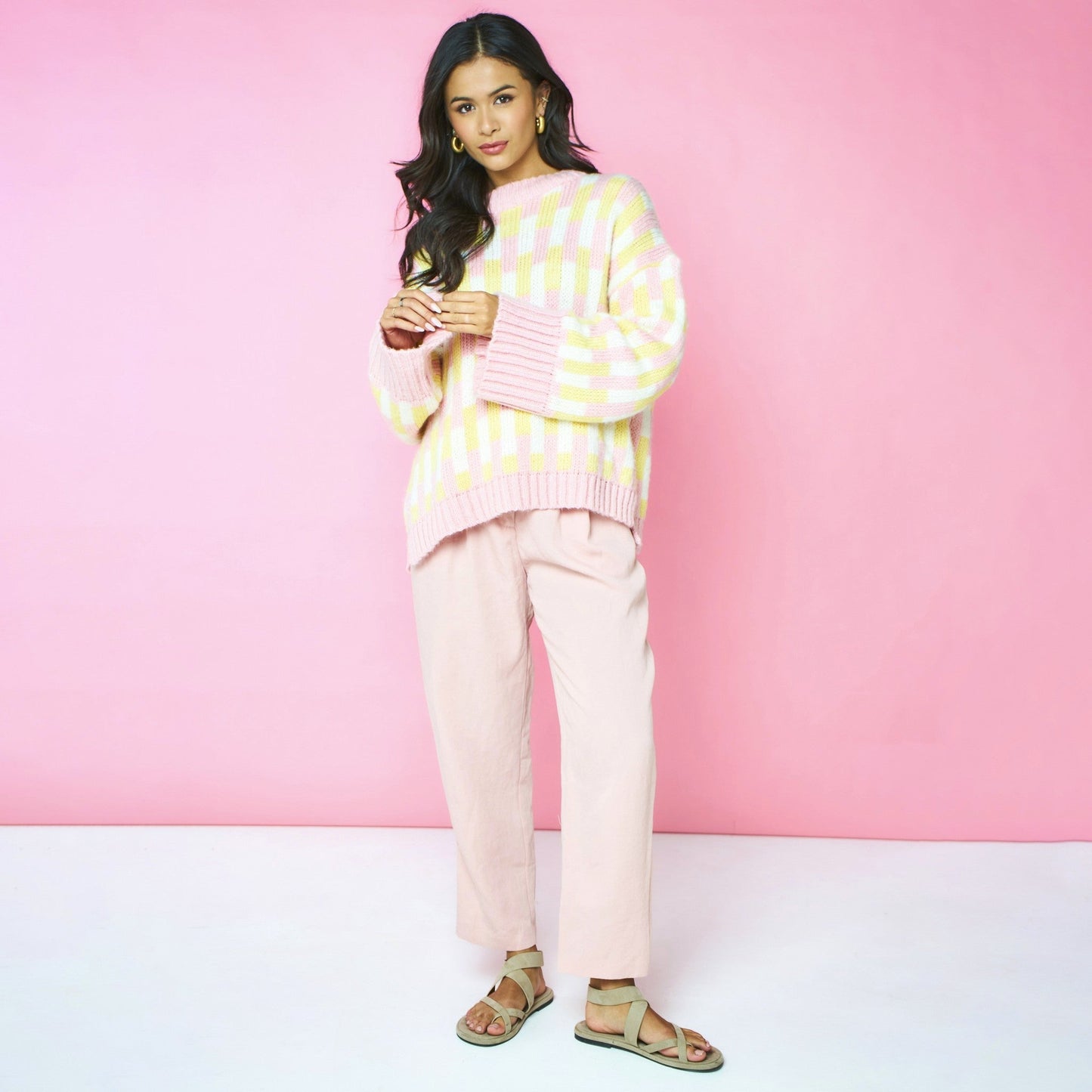 Charlotte Geometric Pattern Wide Sleeve Knit Jumper - Pink