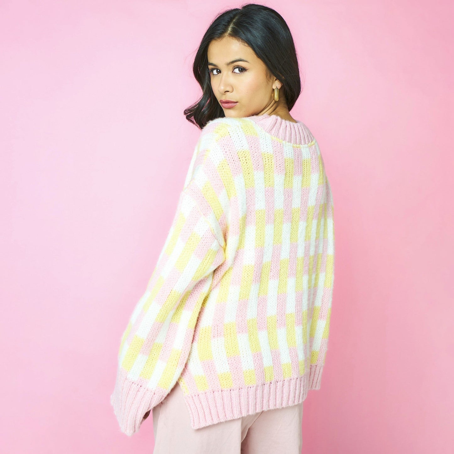 Charlotte Geometric Pattern Wide Sleeve Knit Jumper - Pink
