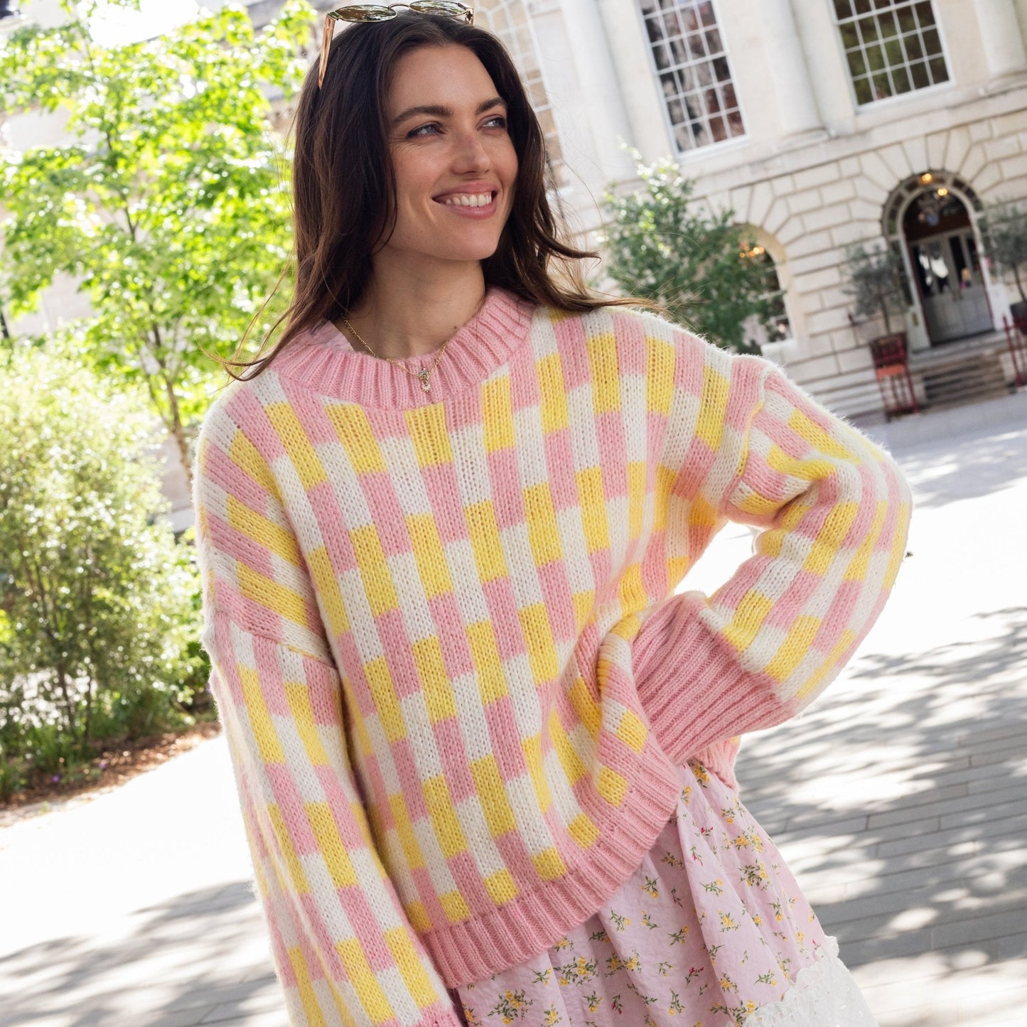 Charlotte Geometric Pattern Wide Sleeve Knit Jumper - Pink