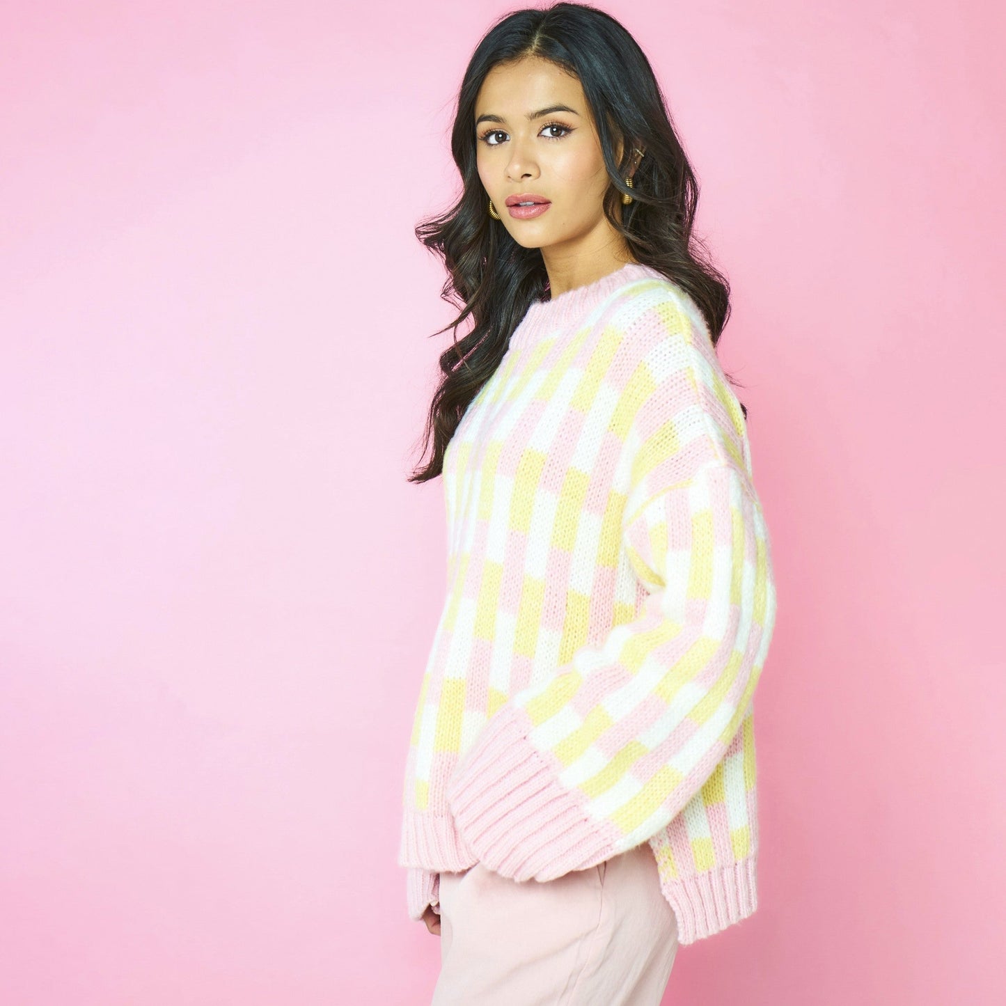 Charlotte Geometric Pattern Wide Sleeve Knit Jumper - Pink