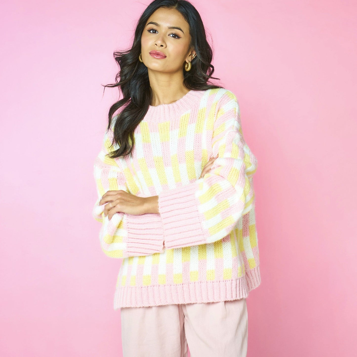 Charlotte Geometric Pattern Wide Sleeve Knit Jumper - Pink