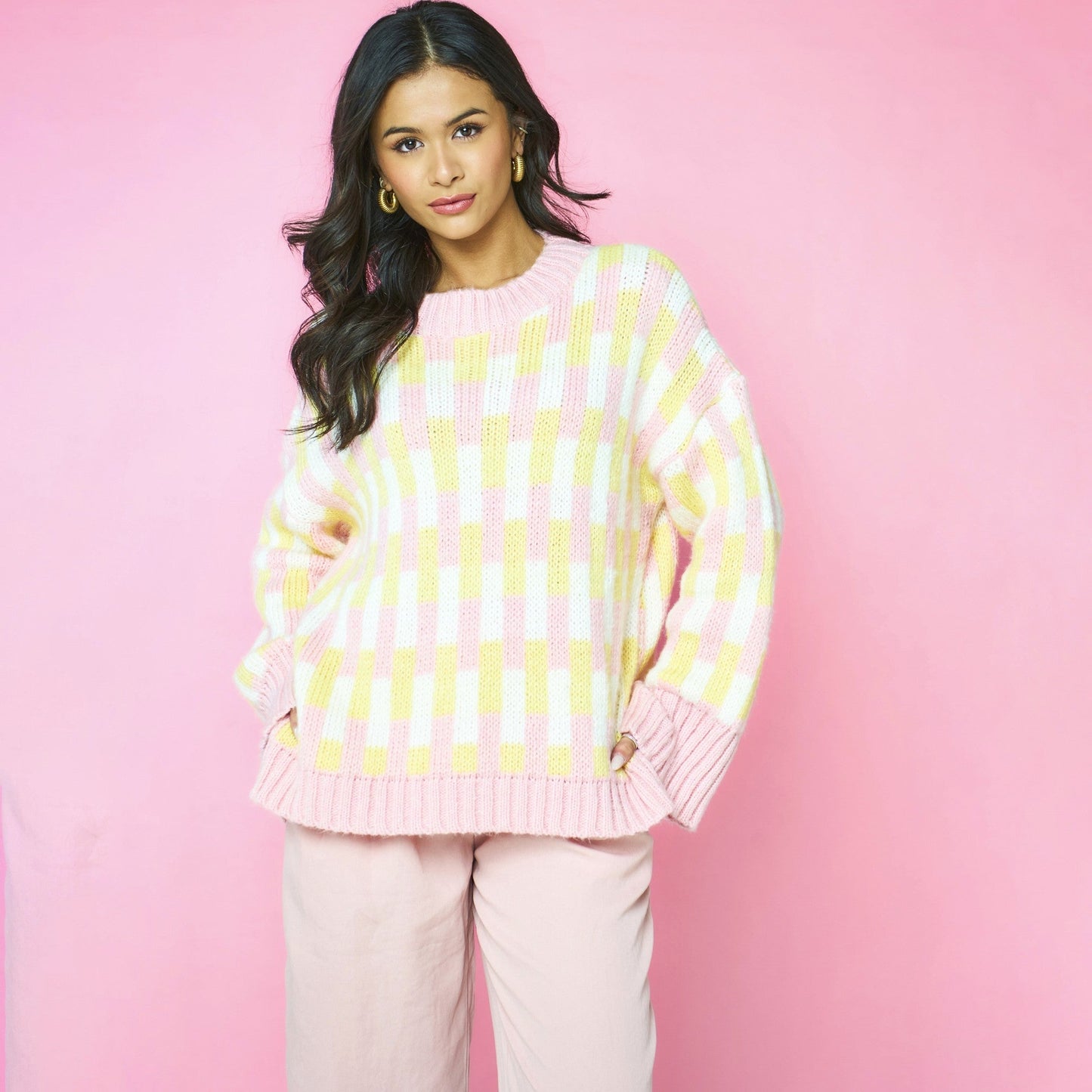 Charlotte Geometric Pattern Wide Sleeve Knit Jumper - Pink