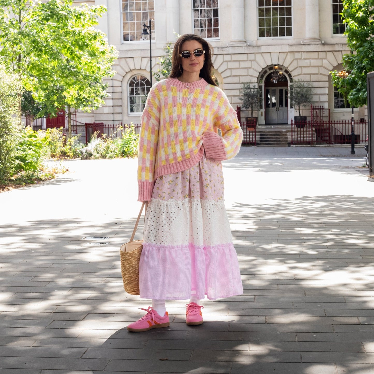 Charlotte Geometric Pattern Wide Sleeve Knit Jumper - Pink