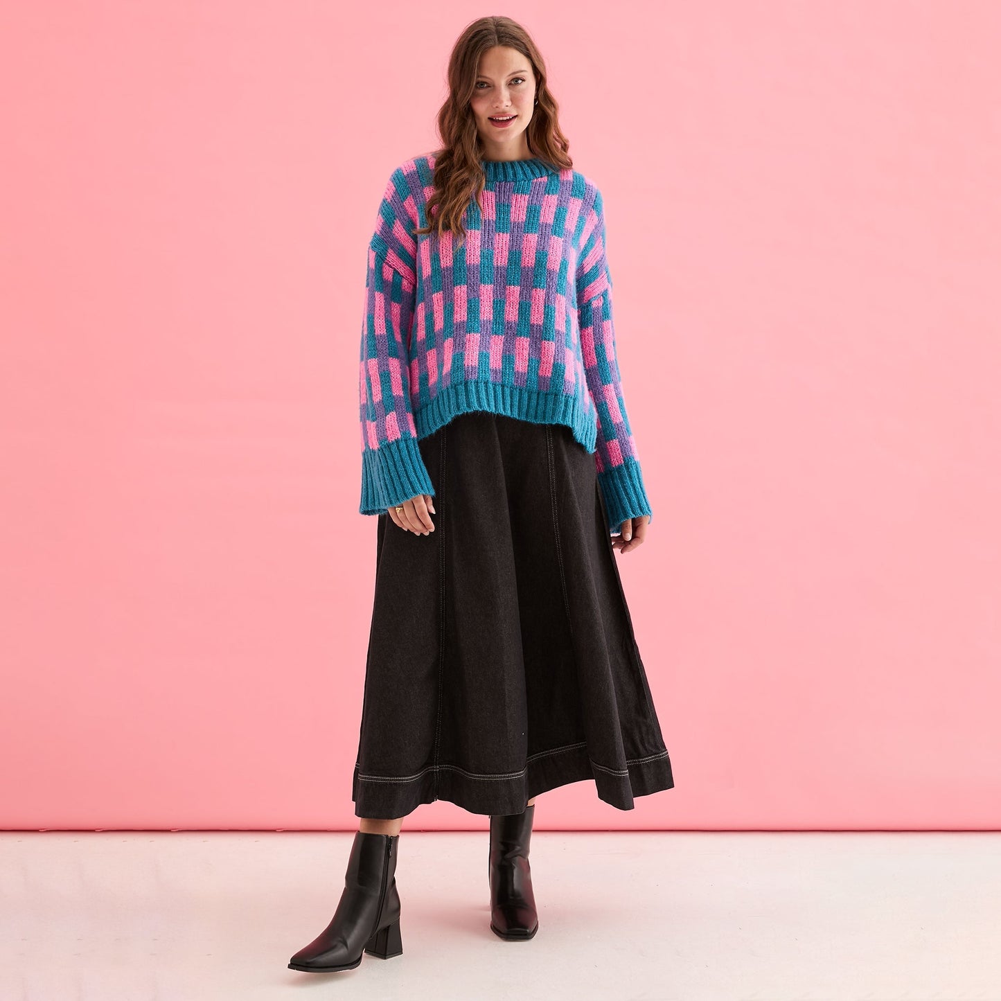 Charlotte Geometric Pattern Wide Sleeve Knit Jumper - Teal