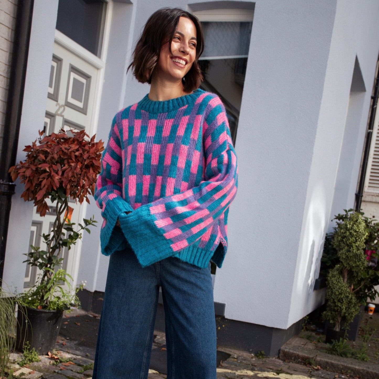 Charlotte Geometric Pattern Wide Sleeve Knit Jumper - Teal