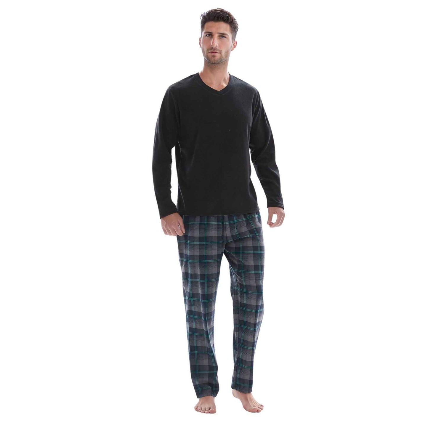 Men's Checkered Pyjamas Loungewear with Fleece Top and Cotton Bottoms