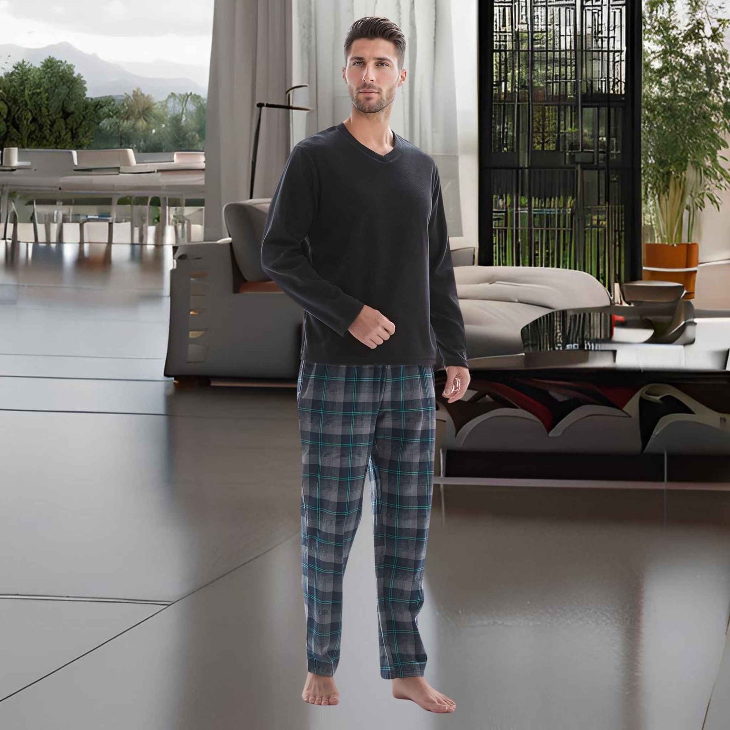 Men's Checkered Pyjamas Loungewear with Fleece Top and Cotton Bottoms