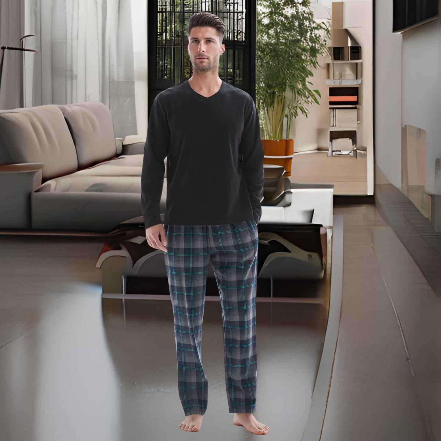 Men's Checkered Pyjamas Loungewear with Fleece Top and Cotton Bottoms