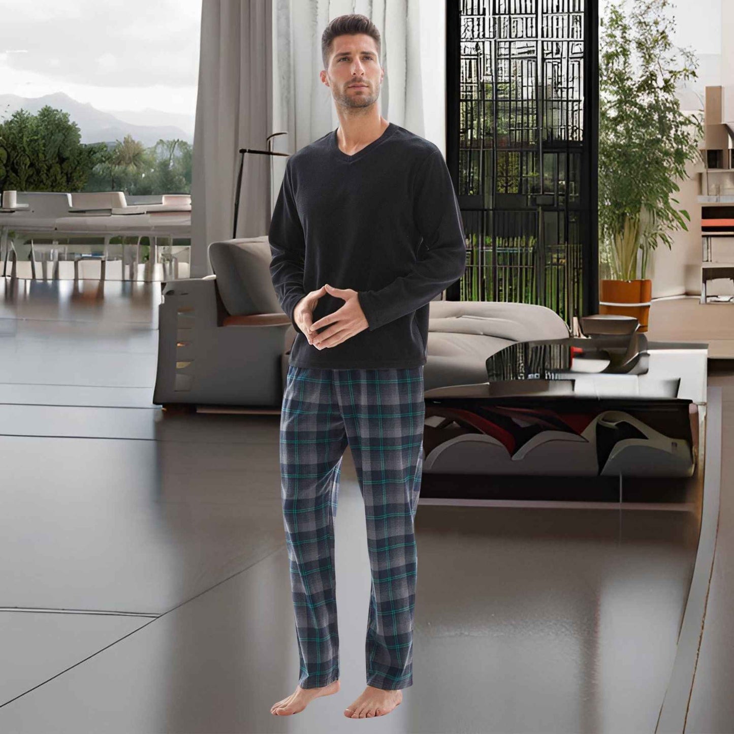 Men's Checkered Pyjamas Loungewear with Fleece Top and Cotton Bottoms