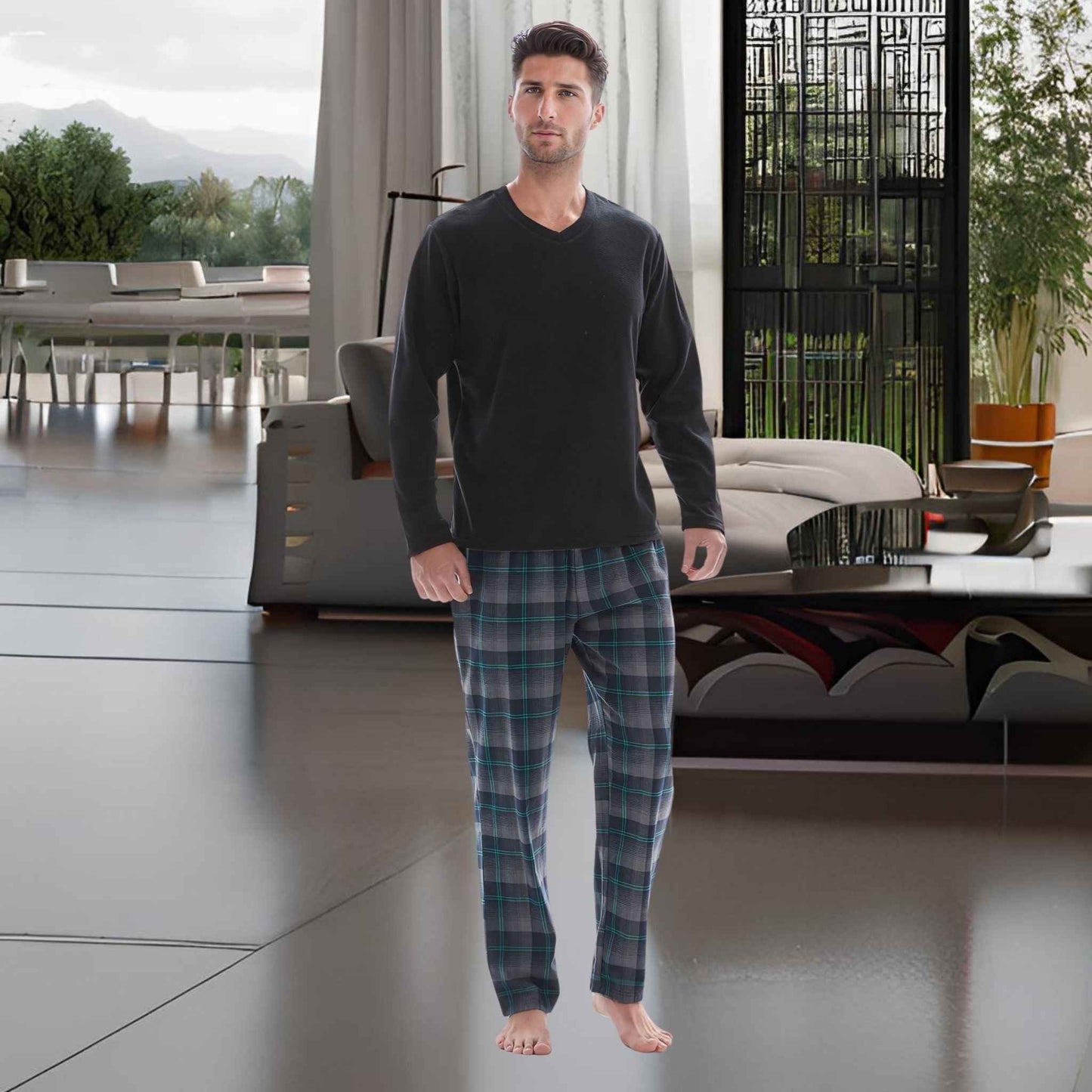 Men's Checkered Pyjamas Loungewear with Fleece Top and Cotton Bottoms