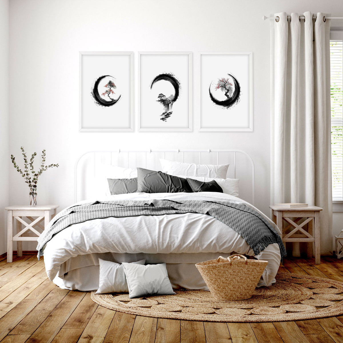 Cherry Blossom Painting Japandi Enso Circle Ink Art | Set of 3