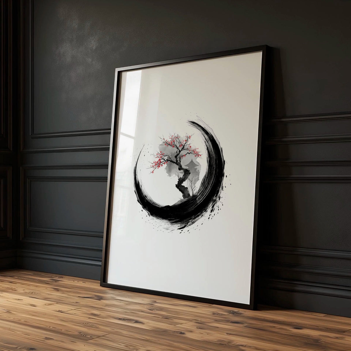 Cherry Blossom Painting Japandi Enso Circle Ink Art | Set of 3