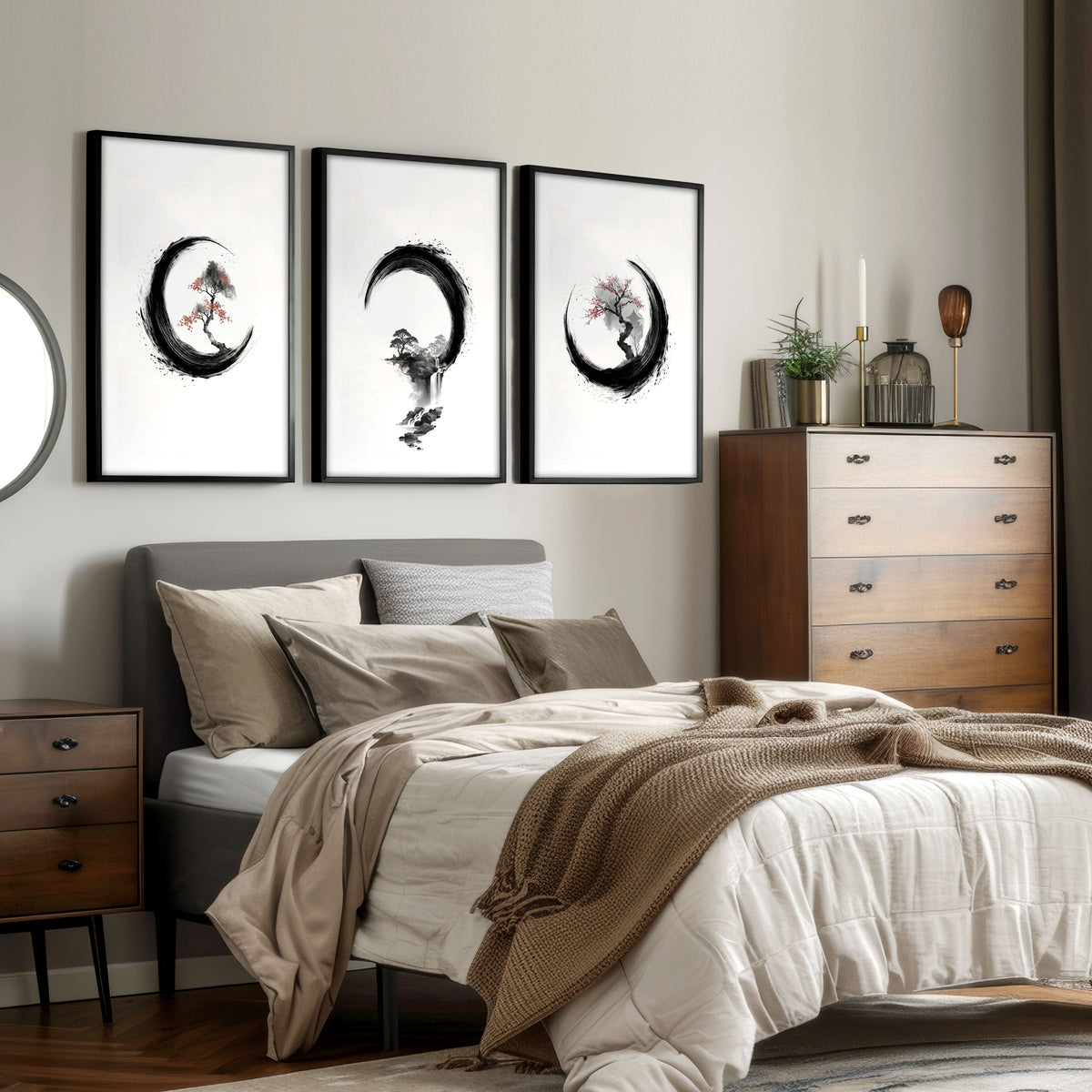 Cherry Blossom Painting Japandi Enso Circle Ink Art | Set of 3