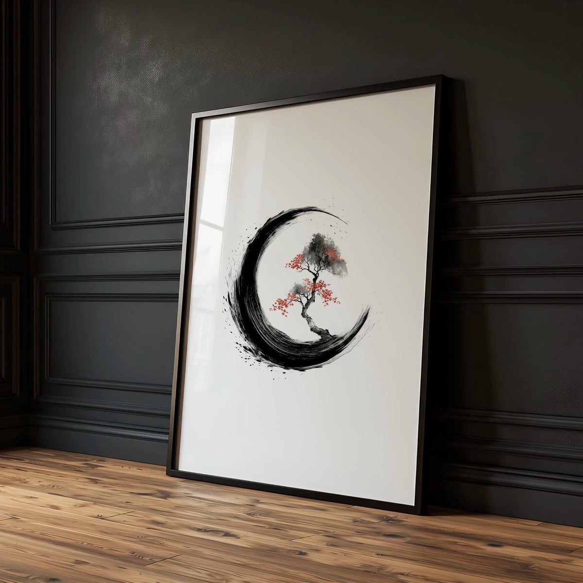 Cherry Blossom Painting Japandi Enso Circle Ink Art | Set of 3