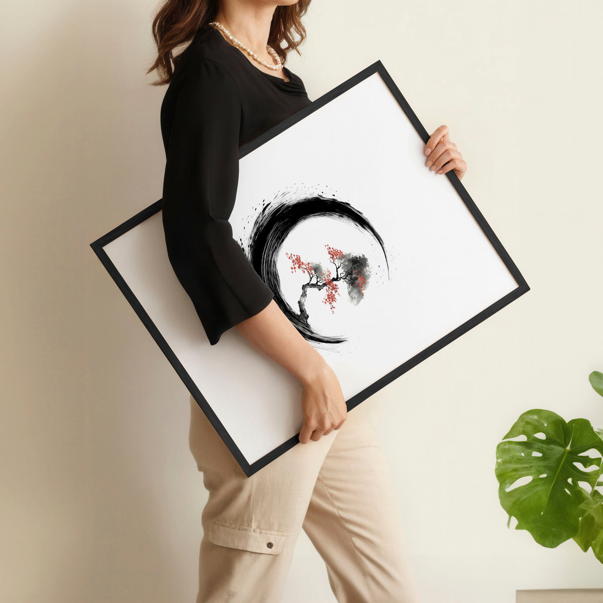 Cherry Blossom Painting Japandi Enso Circle Ink Art | Set of 3