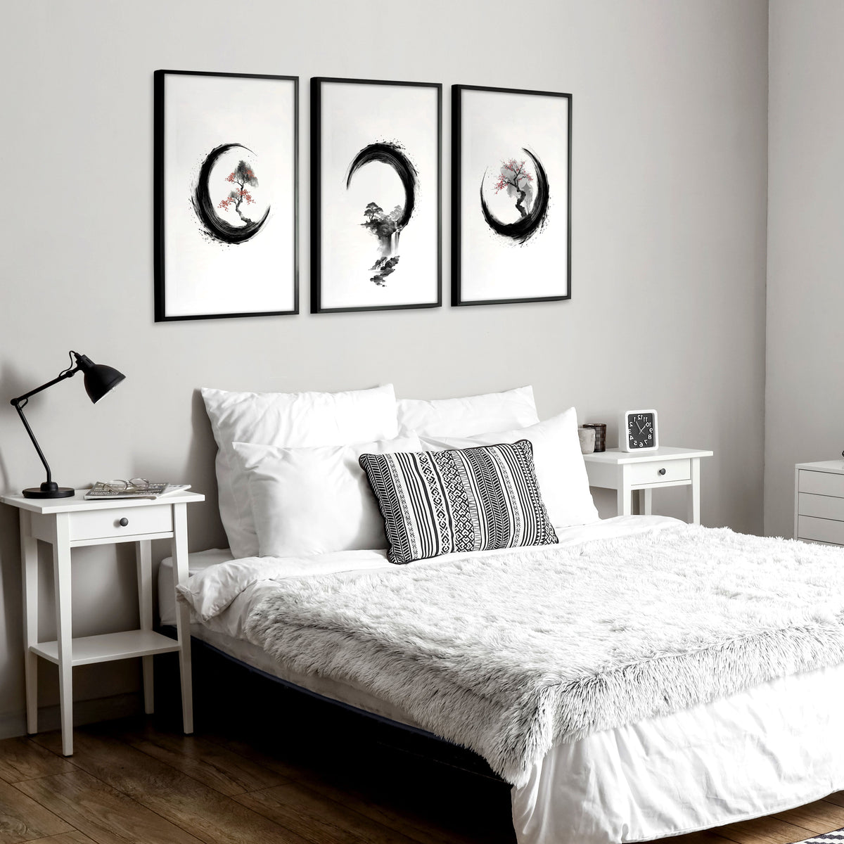 Cherry Blossom Painting Japandi Enso Circle Ink Art | Set of 3