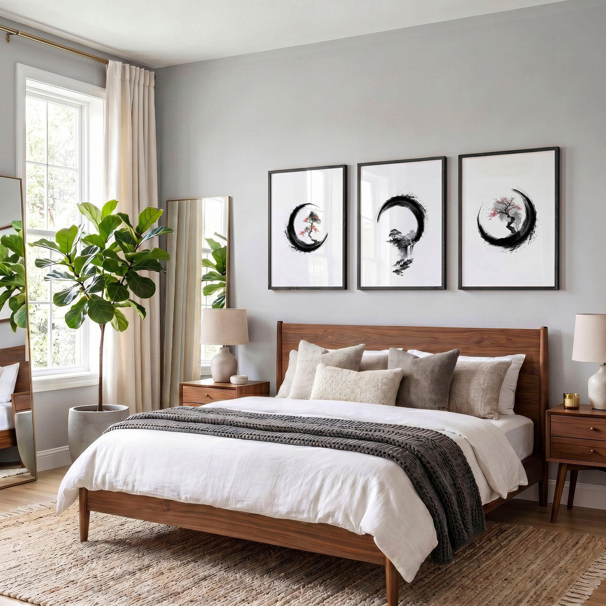 Cherry Blossom Painting Japandi Enso Circle Ink Art | Set of 3